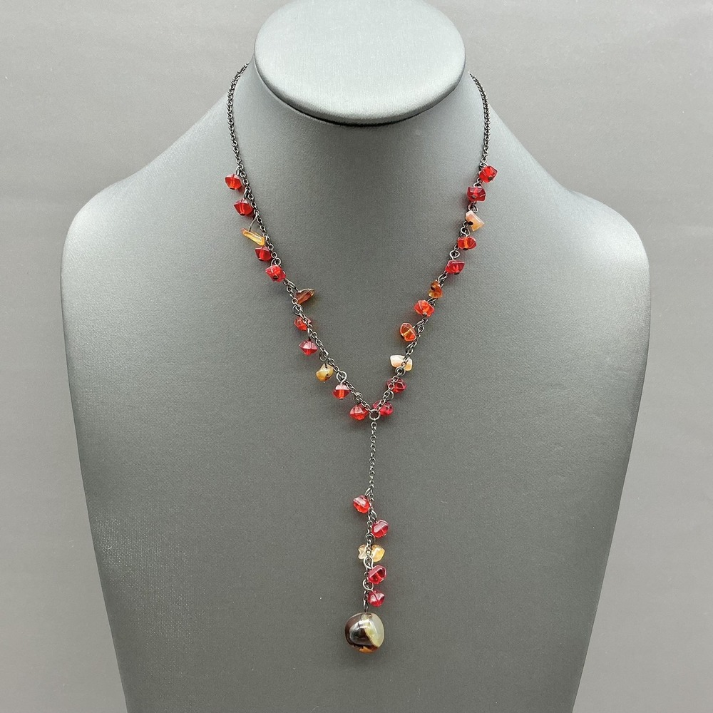 Express Necklace Y Lariat Drop Beaded Red Orange‎ Faux Pearl Pendant 18 Inch
